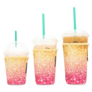 3-Pack (16-32oz) Reusable Neoprene Insulator Sleeve for Iced Coffee or Cold Beverage Cups (Pink & Gold Glitter Print)