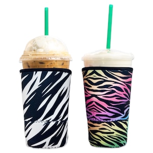 2-Pack Large (32oz) Reusable Neoprene Insulator Sleeve for Iced Coffee or Cold Beverage Cups (Zebra Mix)