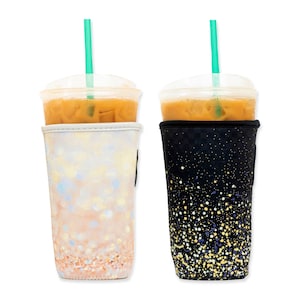 2-Pack Medium (20-24oz) Reusable Neoprene Insulator Sleeve for Iced Coffee or Cold Beverage Cups (Gold and Black Glitter Prints)