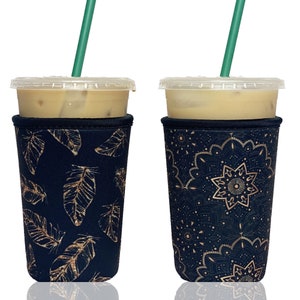 2-Pack Medium (20-24oz) Reusable Neoprene Insulator Sleeve for Iced Coffee or Cold Beverage Cups (Gold and Black Mix)