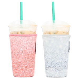 2-Pack Medium (20-24oz) Reusable Neoprene Insulator Sleeve for Iced Coffee or Cold Beverage Cups (Pink & Silver Glitter Print)