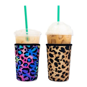2-Pack Medium (20-24oz) Reusable Neoprene Insulator Sleeve for Iced Coffee or Cold Beverage Cups (Leopard)