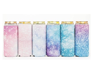 6-Pack Slim Can Reusable Neoprene Sleeves for 12oz tall cans including Beer, Cider, Energy Drinks, Seltzer and more! (Light Glitter Print)