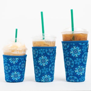 3-Pack (16-32oz) Reusable Neoprene Insulator Sleeve for Iced Coffee or Cold Beverage Cups (Blue Wispy)