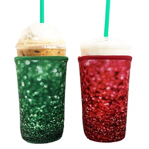 2-Pack Medium (20-24oz) Reusable Neoprene Insulator Sleeve for Iced Coffee or Cold Beverage Cups (Red & Green Glitter PRINT)