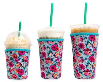3-Pack (16-32oz) Reusable Neoprene Insulator Sleeve for Iced Coffee or Cold Beverage Cups (Blue Floral)