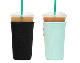 2-Pack Large (32oz) Reusable Neoprene Insulator Sleeve for Iced Coffee or Cold Beverage Cups (Mint & Black TEXTURED)