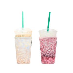 2-Pack Medium (20-24oz) Reusable Neoprene Insulator Sleeve for Iced Coffee or Cold Beverage Cups (Pink & Gold Glitter Print)