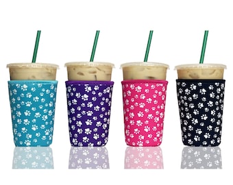 4-Pack Medium (20-24oz) Reusable Neoprene Insulator Sleeve for Iced Coffee or Cold Beverage Cups (Animal Paw Print Mix)