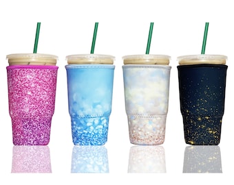 4-Pack Large (32oz) Reusable Neoprene Insulator Sleeve for Iced Coffee or Cold Beverage Cups (Glitter Mix #2)