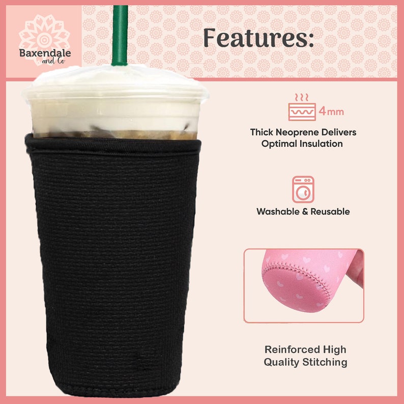 2-Pack Medium 20-24oz Reusable Neoprene Insulator Sleeve for Iced Coffee or Cold Beverage Cups Gold and Black Glitter Prints image 5