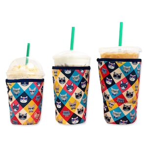 3-Pack (16-32oz) Reusable Neoprene Insulator Sleeve for Iced Coffee or Cold Beverage Cups (Sunglass Cat)