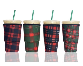 4-Pack Large (32oz) Reusable Neoprene Insulator Sleeve for Iced Coffee or Cold Beverage Cups (Plaid Mix 1)