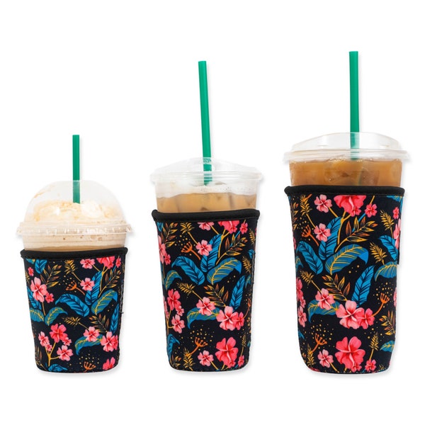 3-Pack (16-32oz) Reusable Neoprene Insulator Sleeve for Iced Coffee or Cold Beverage Cups (Black Floral)