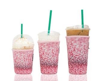 3-Pack (16-32oz) Reusable Neoprene Insulator Sleeve for Iced Coffee or Cold Beverage Cups (Pink Glitter PRINT)