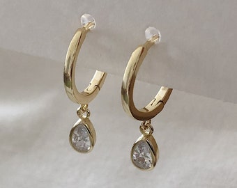 Teardrop Earrings, Cubic Zirconia Earrings, Sterling Silver Huggie Hoop Earrings, CZ Huggie Earrings, Small Gold Hoop Earrings, Gift For Her
