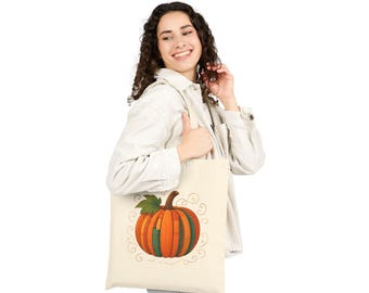 Bolsa de tela de algodón con ilustración de calabaza y libro / Cosecha de otoño