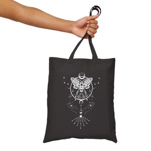Celestial Death Moth Canvas Tote Bag, Mystic Witchy Vibes, Eco-Friendly Shopper, Alternative Design, Occult Fashion Accessory