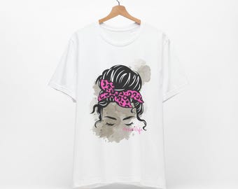 Leopard Print Mom Life Tee: Messy Bun Graphic T-Shirt