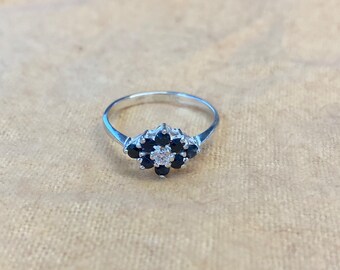 Silver Sapphire and Zirconia Cluster Ring - 8 sapphires surrounding a cz - September birthstone - Large size range available