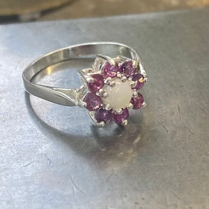 Sterling Silver Opal Ruby Cluster Ring - Floral Design