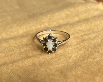 Silver Opal and Sapphire Cluster ring - October and September birthstones - Navette cut opal - Large size range available
