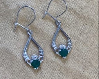 Sterling Silver Claddagh Earrings with Green Agate