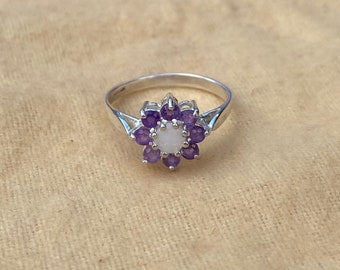 Silver Opal and Amethyst Cluster Ring - October and February birthstones - Large range of sizes available