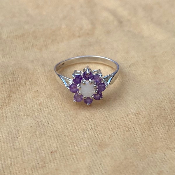 Silver Opal and Amethyst Cluster Ring - October and February birthstones - Large range of sizes available