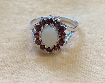 Sterling Silver Opal and Garnet Cluster Ring - Victorian style - October and January birthstones - Multiple sizes available