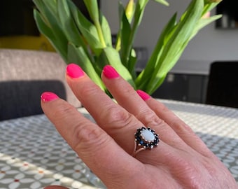 Sterling Silver Opal and Sapphire cluster ring - October and September birthstones - Large size range available