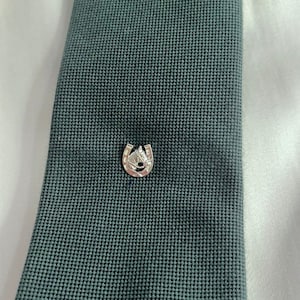 Puede incluir: Un broche de corbata de plata en forma de herradura con una cabeza de caballo en su interior. El broche está en una corbata verde oscuro.