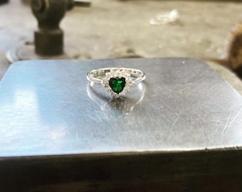 Silver Heart Shaped Emerald Cluster Ring - Set with Zirconia - February birthstone - Ladies and childs ring - Large size range available