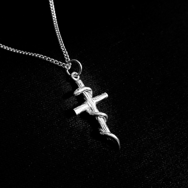 Silver Snake Gothic Cross Pendant with silver chain - Gothic Jewellery - Snake pendant - Snake cross