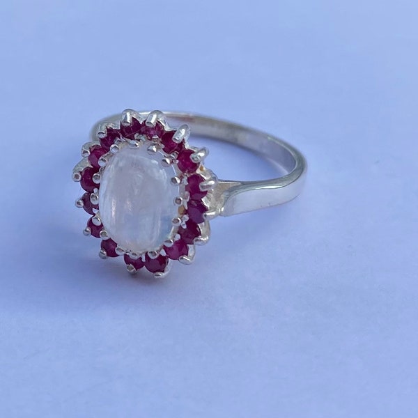 Sterling Silver Moonstone and Ruby cluster ring - Victorian style - June and July birthstones - Large size range available