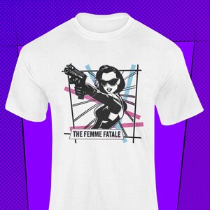 Tech Noir Femme Fatale Futuristic Cyber Girl T-Shirt with Neon Pop Art and Synthwave Vibes, Cyberpunk Clothing for Women