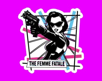 Femme Fatale Cyberpunk Sticker, Tech Noir Neon Pop Art