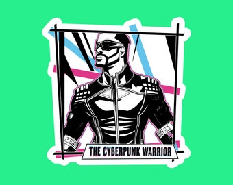 Cyberpunk Warrior Sticker, Retro-Futuristic Tech Noir, Laptop Decal