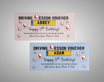 17th birthday Driving Lesson Voucher, Personalised Birthday Voucher, Driving Lesson Gift,  Learner Driver Gift Certificate