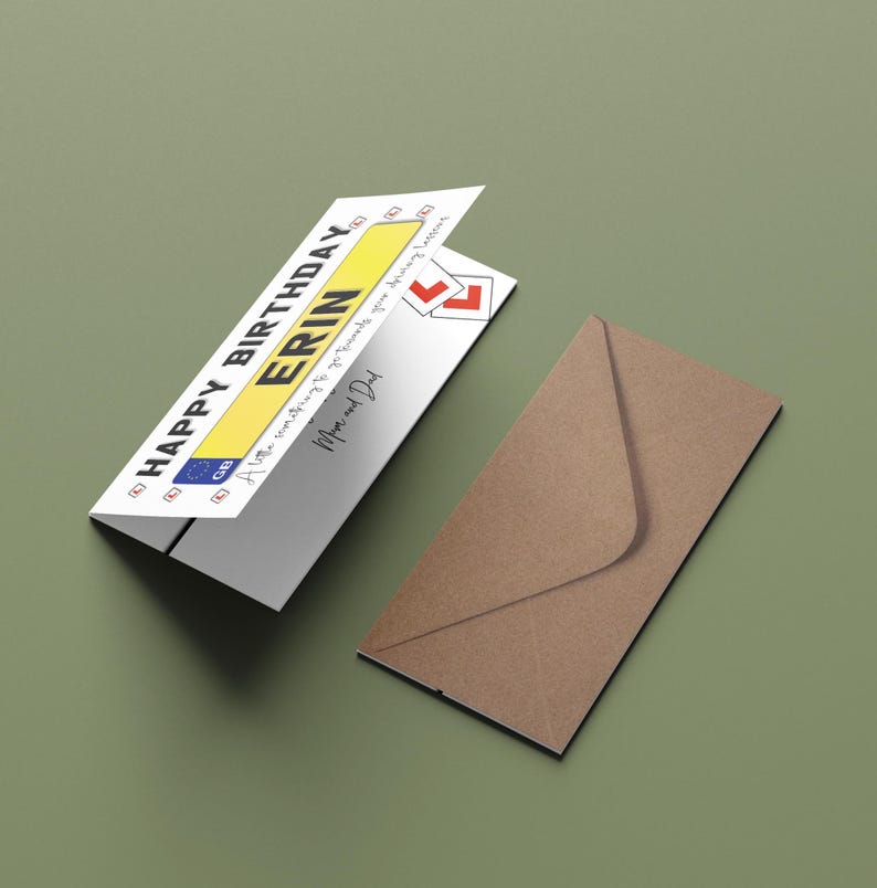 May include: A birthday card with a UK license plate design, featuring the name "ERIN" and the text "HAPPY BIRTHDAY." Includes a brown envelope. The card has red and white accents and a driving lesson theme.
