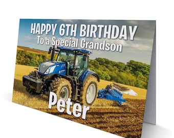 May include: A birthday card with a blue tractor in a field. The card says "HAPPY 6TH BIRTHDAY To a Special Grandson" with the name "Peter" below. The background shows a field and blue sky.