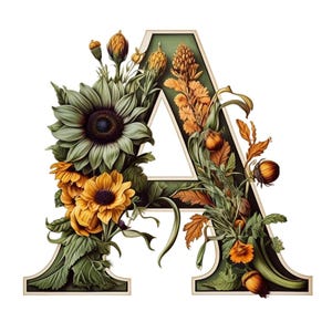 Alphabet floral vert sauge, clipart alphabet fleur soleil, monogramme lettre automne, élégant lettres de l'alphabet PNG JPEG téléchargement