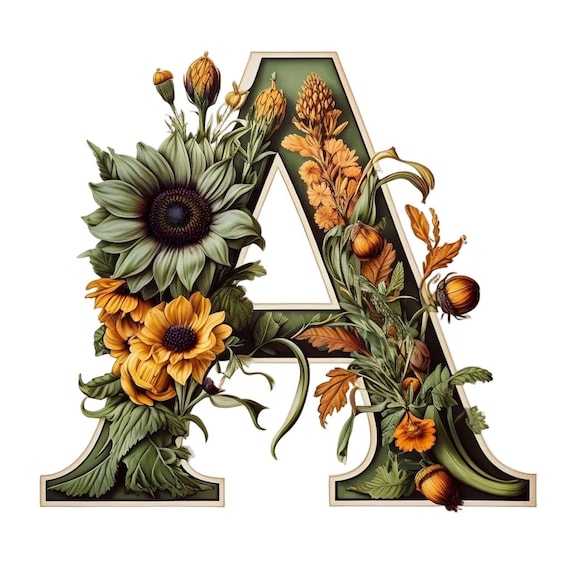 Sage Green Floral Alphabet Clipart: Sunflower Letter Monogram (PNG JPEG Download)