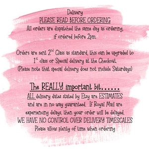 May include: A pink watercolor background with black text detailing delivery information. The text covers dispatch times, shipping upgrades, and estimated delivery dates. It also states that delivery times are estimates and not guaranteed.