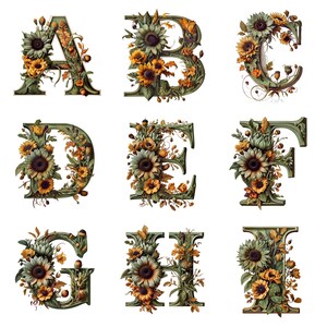 May include: Decorative alphabet letters A, B, C, D, E, F, G, H, and I, each adorned with sunflowers and autumn foliage. The letters are in a green frame with a vintage aesthetic, perfect for personalized crafts.