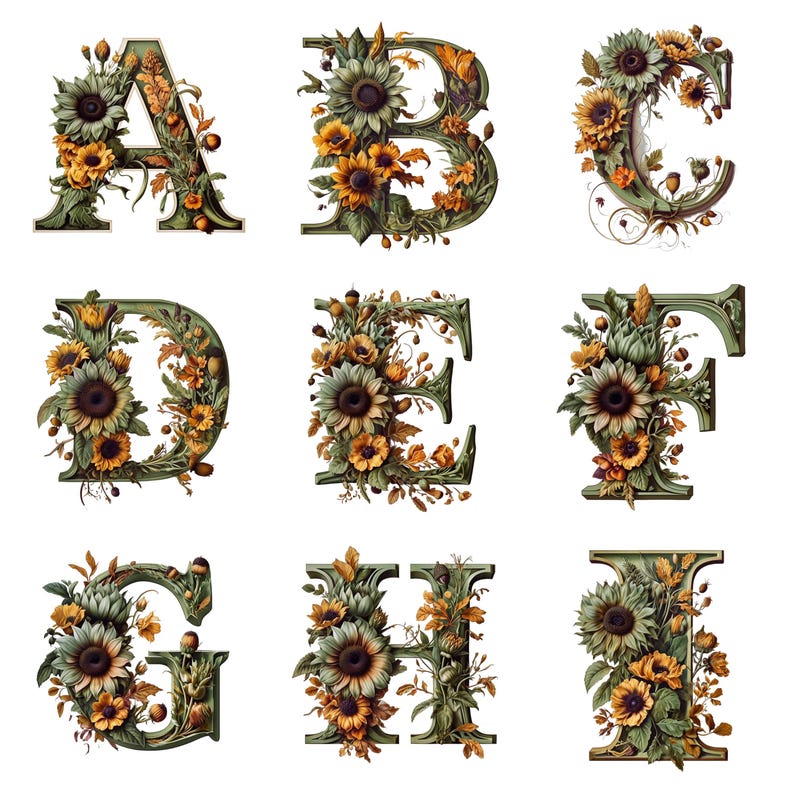 May include: Decorative alphabet letters A, B, C, D, E, F, G, H, and I, each adorned with sunflowers and autumn foliage. The letters are in a green frame with a vintage aesthetic, perfect for personalized crafts.