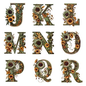 May include: A collection of decorative letters J, K, L, M, N, O, P, Q, and R, each adorned with sunflowers and foliage. The letters have a green and brown color scheme, with yellow and orange accents from the flowers. The design is detailed and artistic.