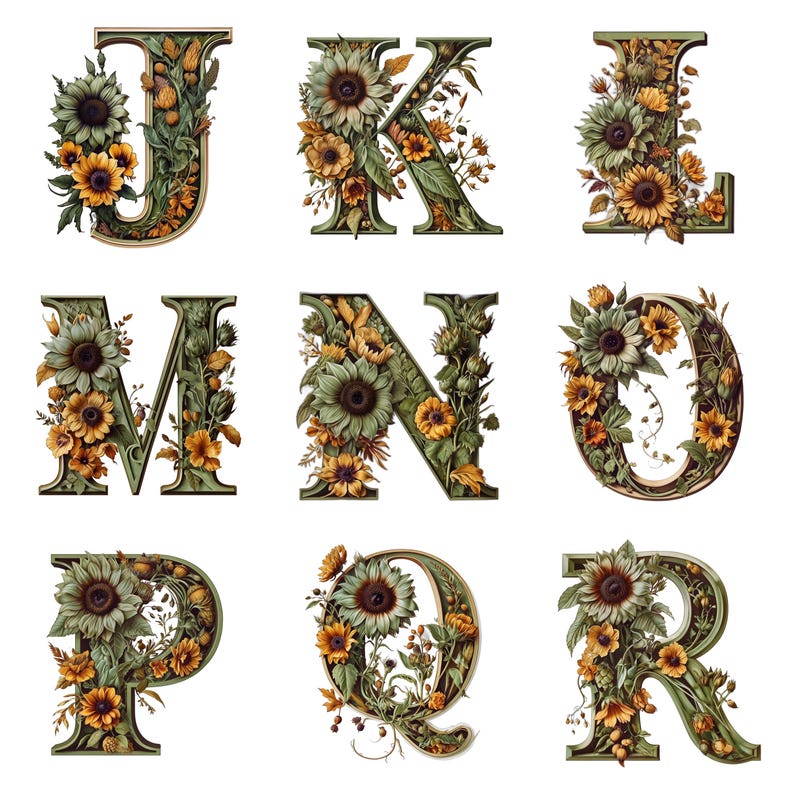 May include: A collection of decorative letters J, K, L, M, N, O, P, Q, and R, each adorned with sunflowers and foliage. The letters have a green and brown color scheme, with yellow and orange accents from the flowers. The design is detailed and artistic.