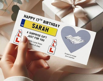 Personalised  17th Birthday  Scratch Card, Gift Voucher, Driving lessons reveal. Personalised Envelope