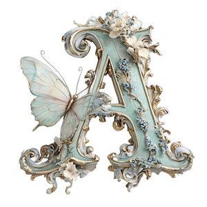 Alfabeto floreale verde acqua ornato, Clipart alfabeto floreale, Monogramma lettera floreale, Lettere alfabeto eleganti PNG JPEG Download